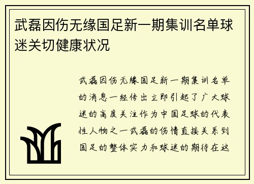 武磊因伤无缘国足新一期集训名单球迷关切健康状况